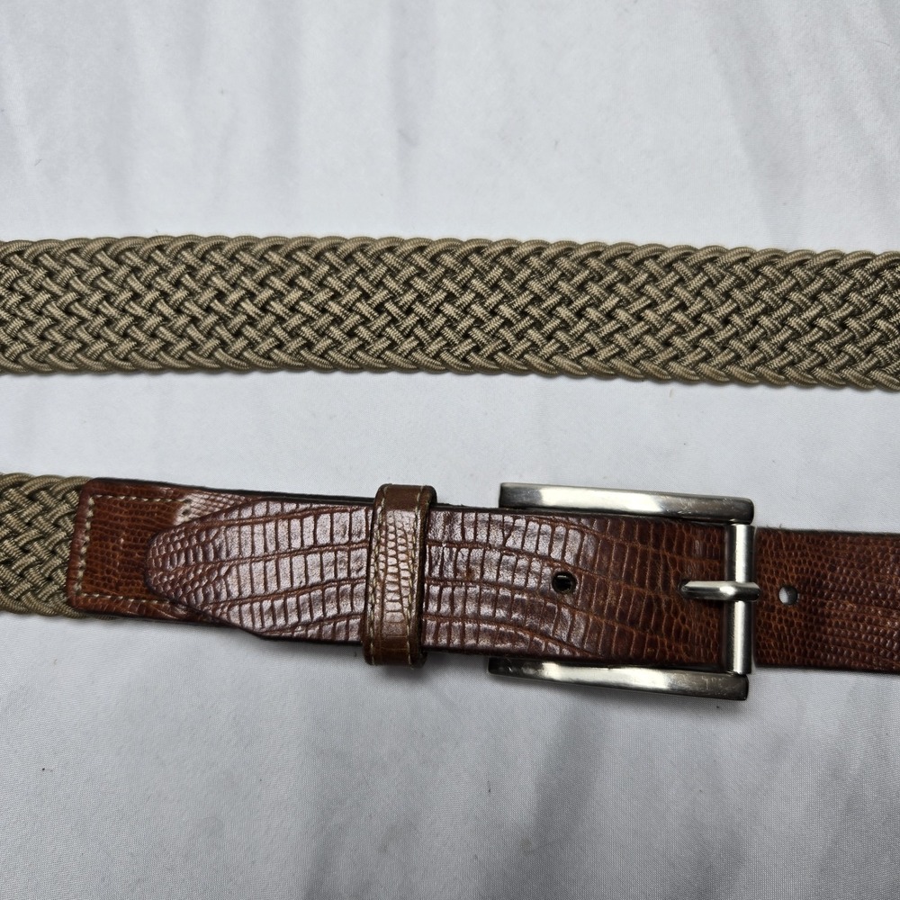 Martin Dingman 61033 Woven Braided Stretch Khaki Belt 40 Brown Leather Trim